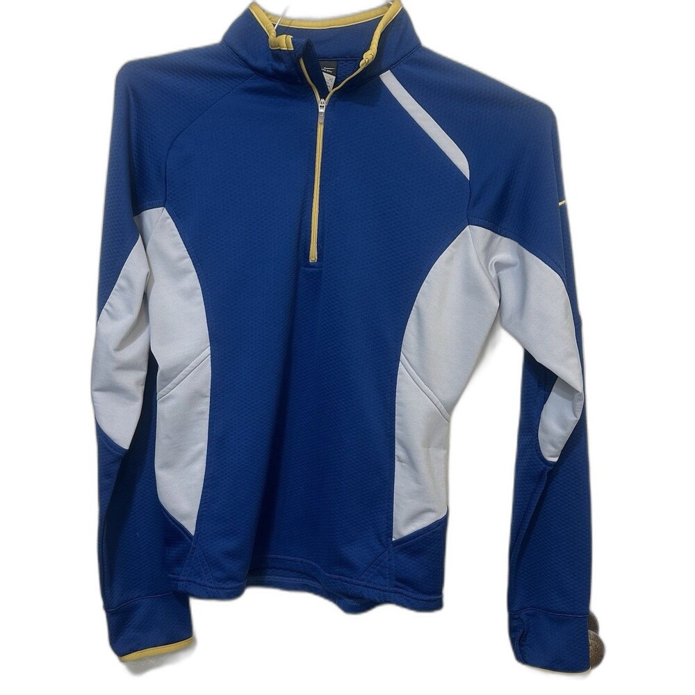 Nike Women Long Sleeve White Blue Quarter Zip Waffle Knit Thumbholes Medium 8-10 - Picture 2 of 6